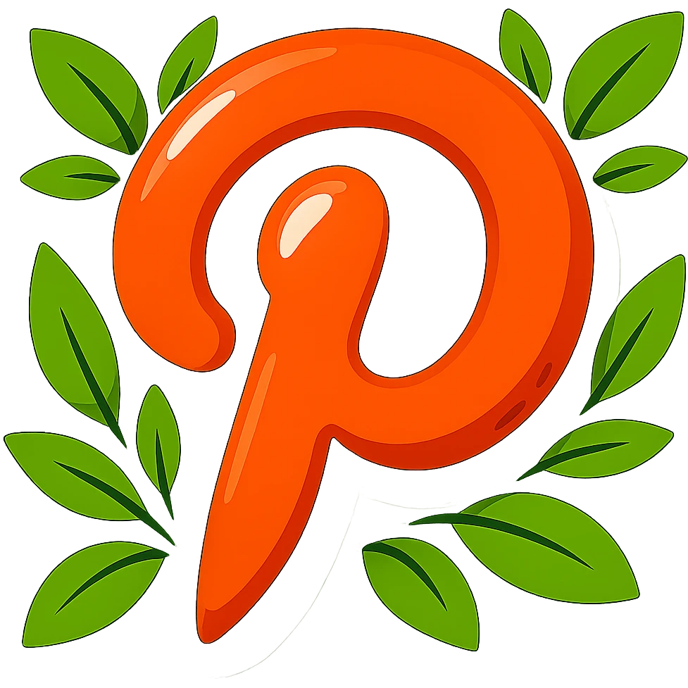 Super plump, smooth Pinterest logo, cartoon style, thick black outline, expressive shadows, glossy highlights, surrounded by bright leaves, no background. Emphasize rounded shapes, contours, and shine, matching the reference style. emoji