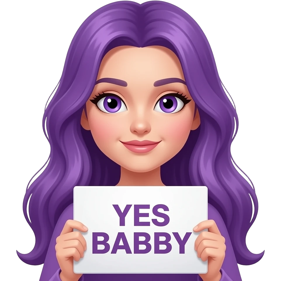 sexy girl with long purple hair and purple eyes holding a YES BABY sign emoji
