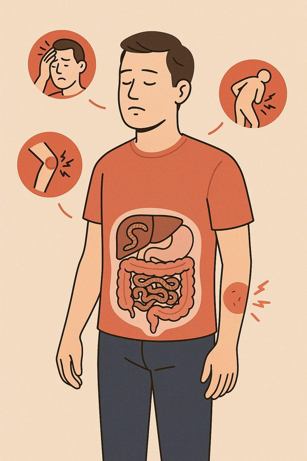 uomo che ignora i suoi un mal di testa, mal di schiena e dolore articolare e ignora ogni segnale e messaggio che il corpo manda per avvertirlo, ma alla fine dipendono tutto dai parassiti intestinali  emoji