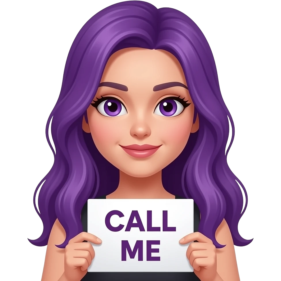 sexy girl with long purple hair and purple eyes holding a CALL ME sign emoji