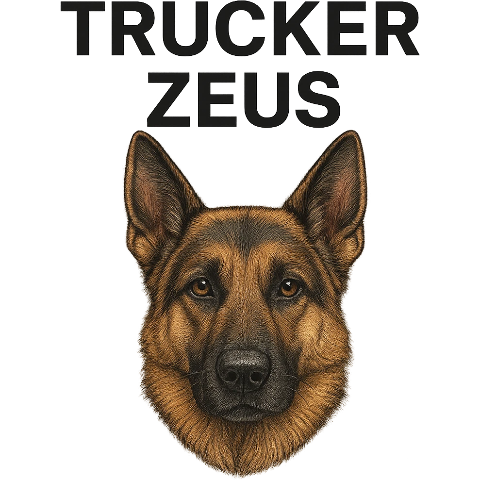Make the German Shepherd dog more realistic, keep the words 'Trucker Zeus' over top, preserve the original style. Remove the background. The original style is a detailed illustration with text overlay. emoji