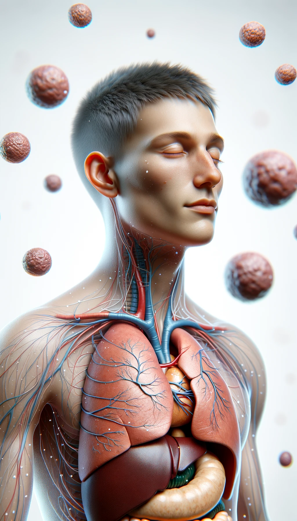 corpo umano anatomico con capelli corti e gli occhi chiusi, intorno a lui fluttuano cellule, fegato in evidenza, ha l'espressione rilassata, visto dal fianco iperrealistica 4k, isolato su sfondo bianco emoji