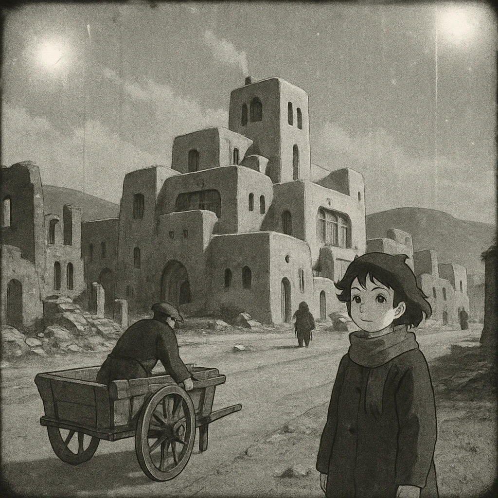 8mm film black and white, no color, light leaks. the image shows post-war reconstruction-era life in the z'rian commonwealth capital region, santa-fe neo-adobe futuristic architechture. arctic temperate region emoji