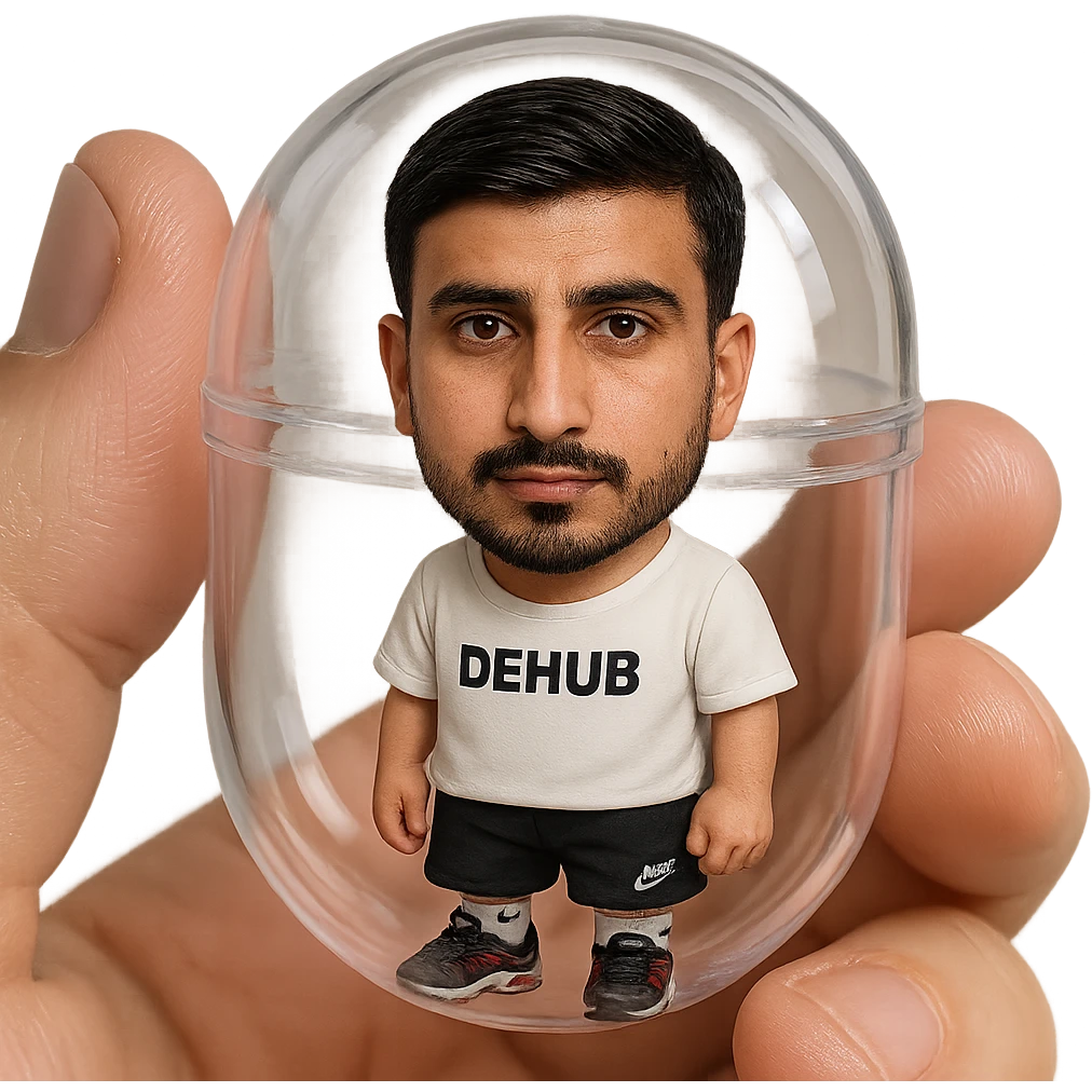 Create a highly detailed, all-glass gashapon capsule held between two fingers. Inside the capsule is a miniature chibi version of the person in the reference photo, with a photorealistic face matching the reference image, life-size chibi style. The chibi wears a white T-shirt with 'DEHUB', black 'Air Max' shorts, Air Max TN shoes, and white Nike socks. Emphasize the realism of the capsule and the collectible charm of the chibi figure inside, blending photorealism for the face and detailed chibi style for the figure and capsule. emoji