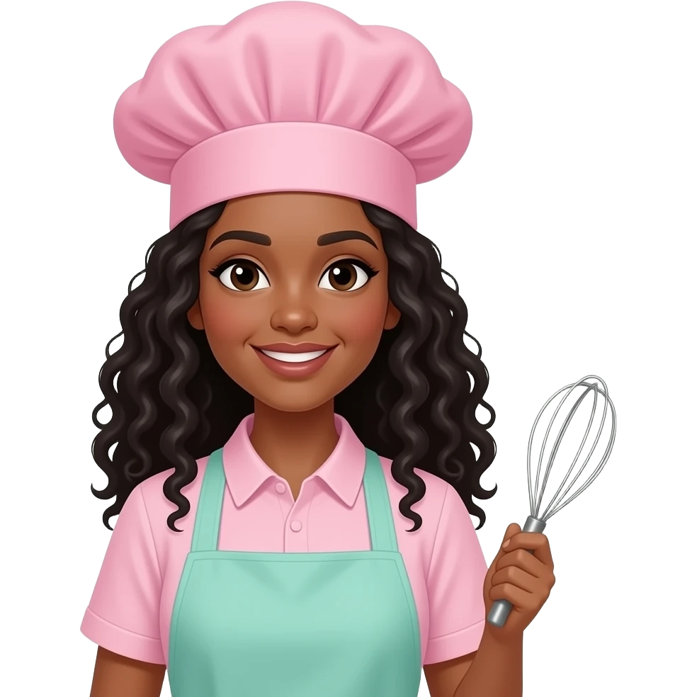 chicade piel morocha con rulos negros largos y vestida con gorro de pastelera rosa viejo y delantal verde menta con batidora en mano emoji