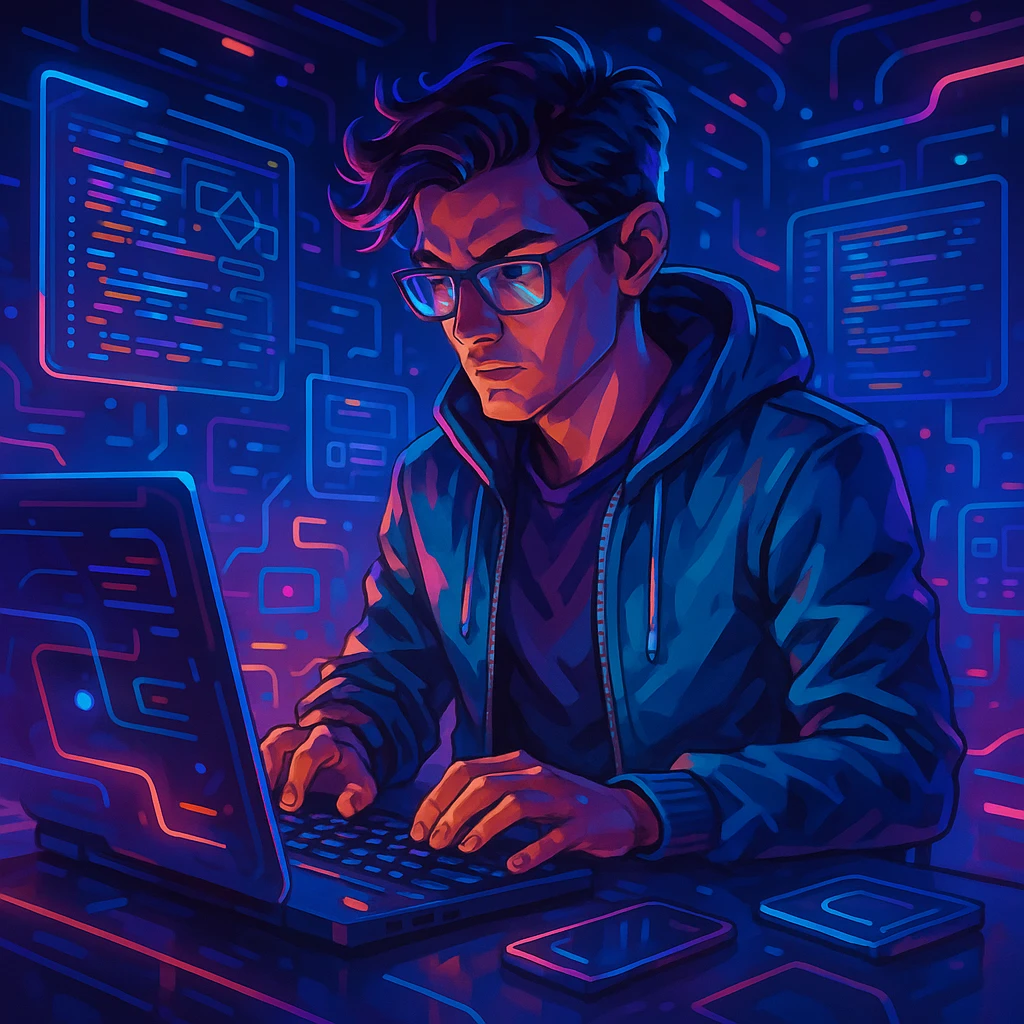 programmer, modern digital art style, detailed, vibrant colors, futuristic tech elements emoji