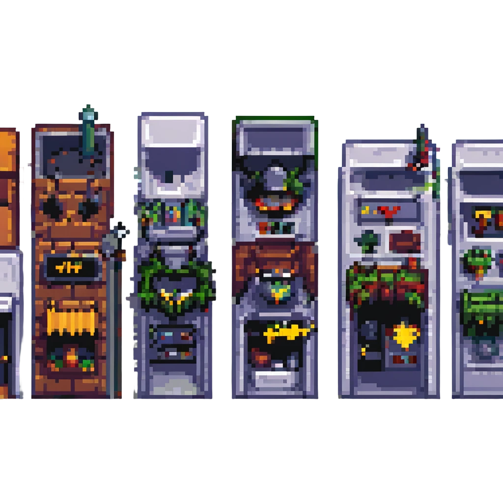 Wide pixel art background of a dark Gotham City street. Empty road with sidewalk, flickering lamppost casting light, trash bins nearby, distant shadowy silhouettes. Tall buildings in the background, moody atmosphere, subtle rain or fog. emoji