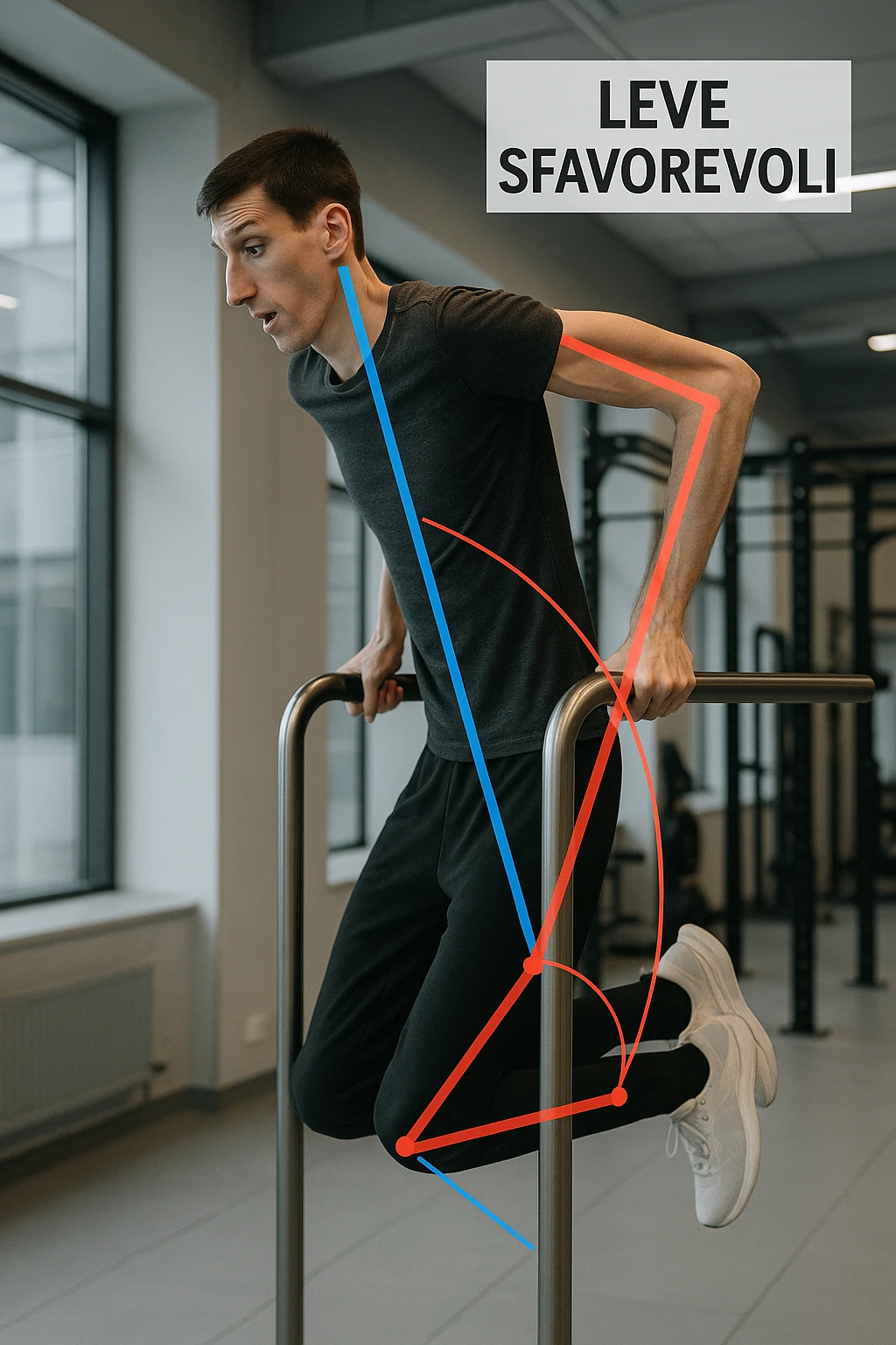 a tall, lean man with very long arms and a short torso attempts a dip on parallel bars. His elbows are deeply bent and his body appears awkwardly positioned, highlighting the mechanical disadvantage. An overlay shows anatomical lines and angles, with labels explaining “Leve Sfavorevoli” The background is a modern gym, with a focus on biomechanics. in italiano emoji