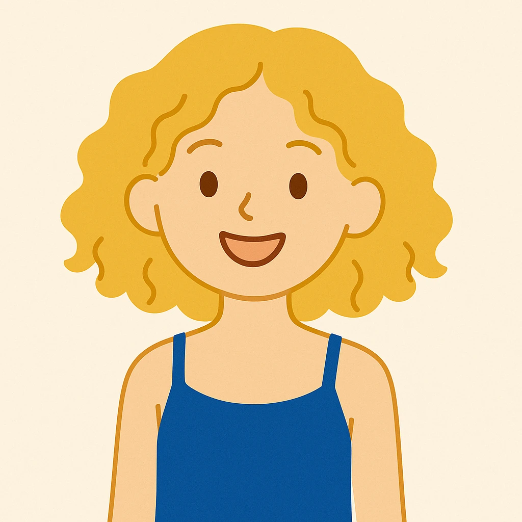 A girl with golden curly hair, brown eyes, blue camisole dress, cheerful, minimal style emoji