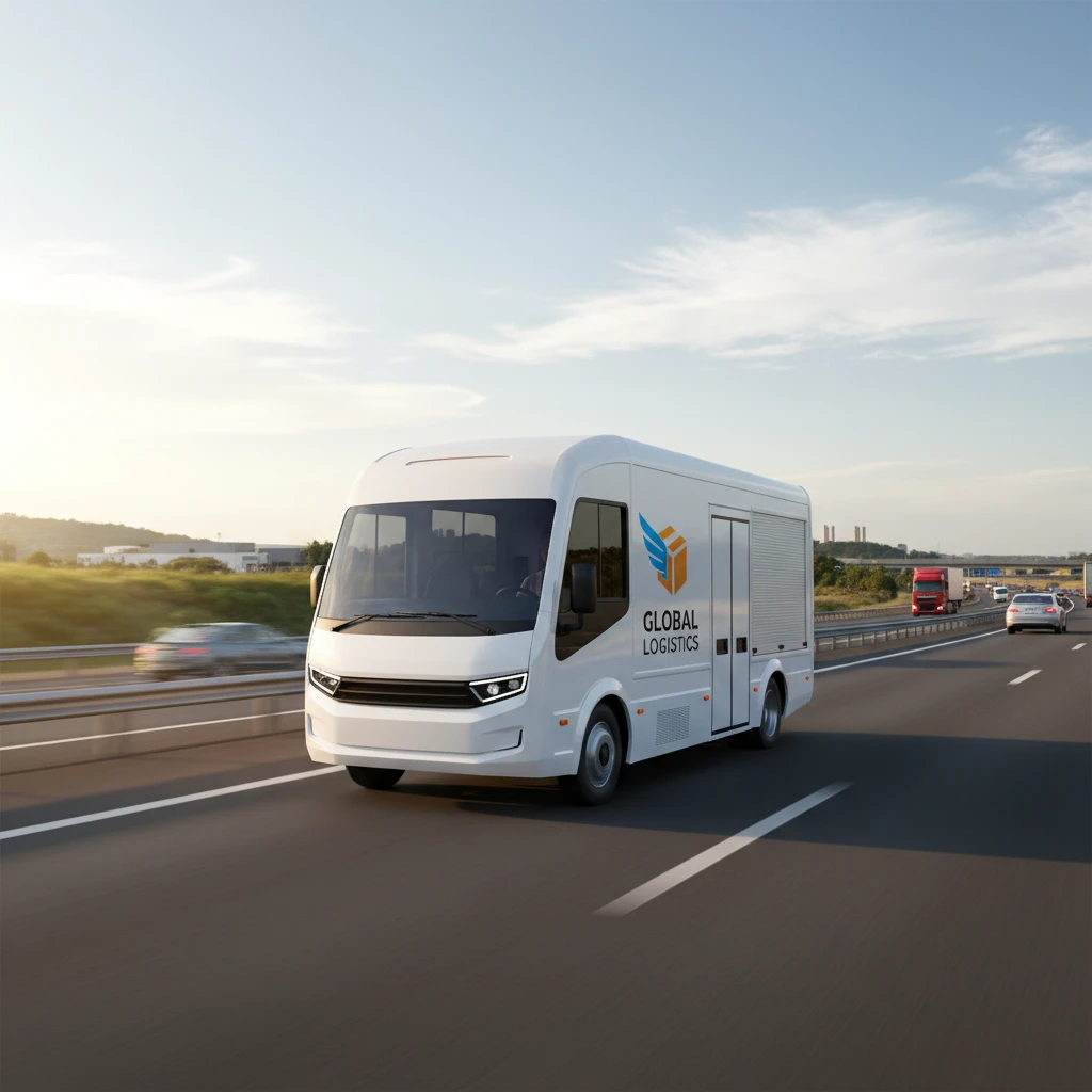 white modern cargo minibus for delivering small cargo. logistics service. car driving on the highway emoji