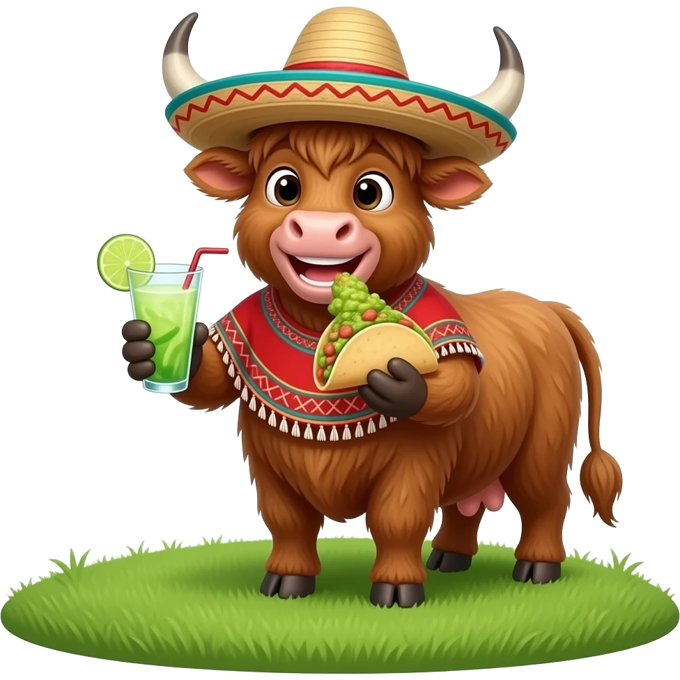 animated highland cow eating tacos and guacamole,wearing a pancho and sombrero drinking a margarita emoji