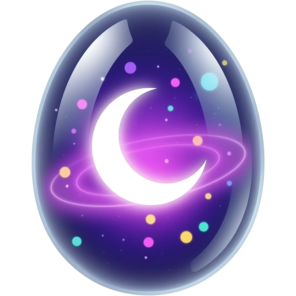 transparent glowing cosmic egg with no visible shell, fully see‑through, containing a swirling purple‑pink nebula and a luminous crecent moon, floating multicolored light orbs inside, isolated object, transparent background emoji