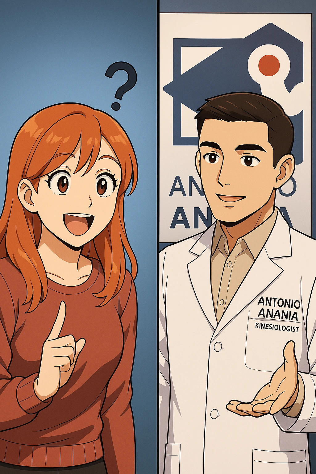 su questo stile fai un manga/webtoon a colori in cui C'è UNA STRISCIA CON FOCUS SUL VOLTO DELLA donna CON ESPRESSIONE DI STUPORE CHE ESCLAMA UNA COSA FELICE, MENTRE NELLA STRISCIA A DESTRA SI VEDE, l'uomo della foto in stile manga LE SPIEGA CHE DEVE PROVARE LA SUA VALUTAZIONE MEDICA, mantieni un ambiente simile alla foto che ho allegato con il suo logo (sarebbe il suo studio, lui è un kinesiologo), scrivigli "ANTONIO ANANIA" sul camice bianco, non mettere fumetti, ma fai in modo che sembri che la donna CHIEDA E  l'uomo RISPONDA emoji