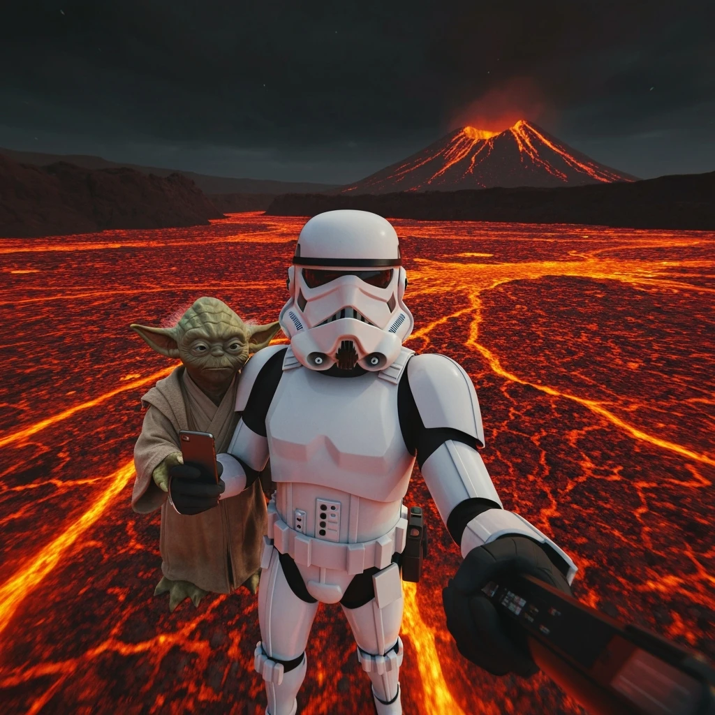 Camera POV, Starwars stormtroopers vlogging selfie, he is walking on lava planet with yoda emoji