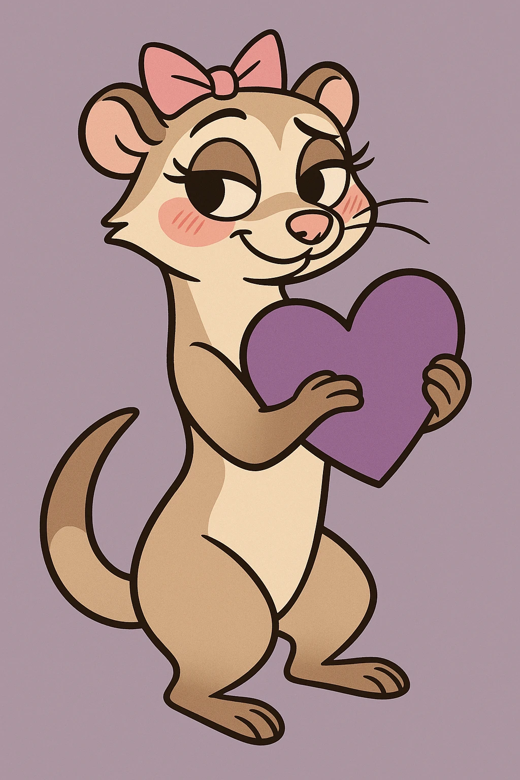 coquette ferret with a purple heart, cartoon style, big eyes, blushing cheeks, flirty pose emoji