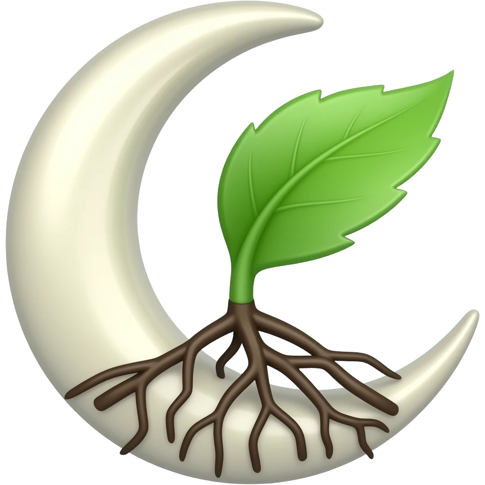 Symbol: Crescent with a leaf breaking free from tangled roots. Meaning: Let go of what no longer serves. emoji