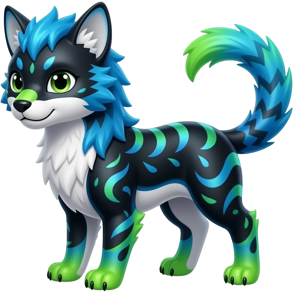 Colorful realistic tropical gradient-colored cobalt-blue-obsidian-black-neon-green-gradients, with white underside, iridescent glorious divine exotic cute cool beautiful shiny fantasy-civet-genet-Fionbri-Cacomistle-Furret-civet-oncilla-animal-hybrid-fursona with pattern markings (full body) emoji