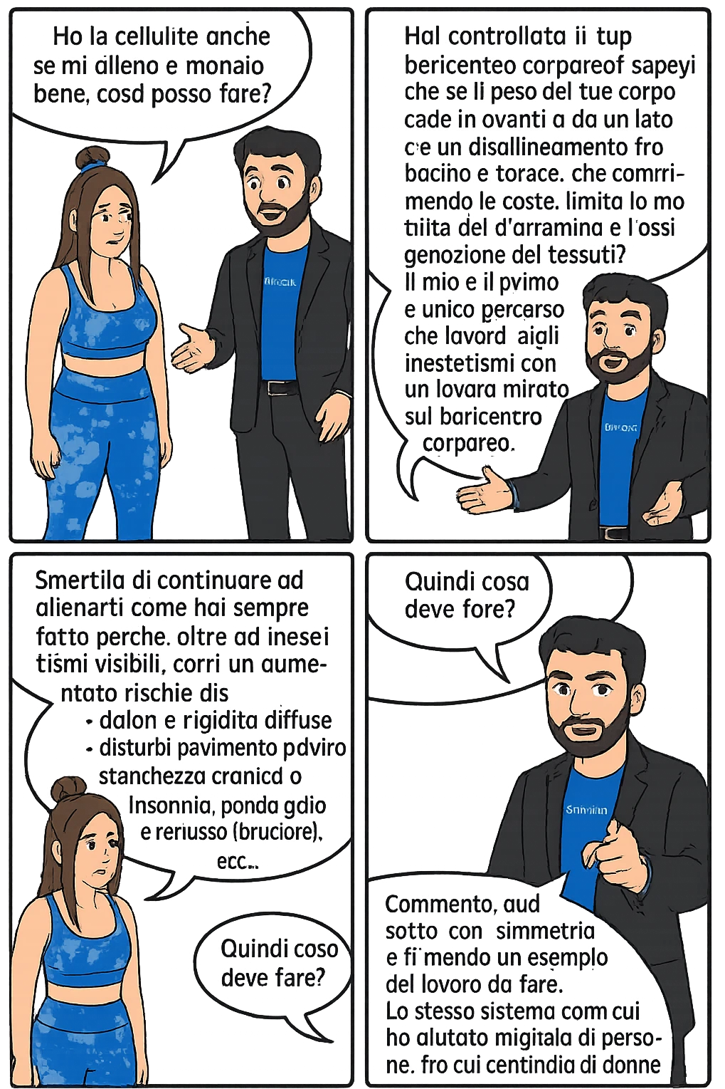 TRASFORMA QUESTO CAROSELLO IN UN FUMETTO CON QUESTE DUE PERSONE IDENTICHE CHE INTERLOQUISCONO TRA LORO:

Ho la cellulite anche se mi alleno e mangio bene, cosa posso fare?

Hai controllato il tuo baricentro corporeo?
Sapevi che se il peso del tuo corpo cade in avanti o da un lato, c’è un disallineamento fra bacino e torace, che comprimendo le coste, limita la motilità del diaframma e l’ossigenazione dei tessuti?
Il mio è il primo e unico percorso che lavora sugli inestetismi con un lavoro mirato sul baricentro corporeo.

Smettila di continuare ad allenarti come hai sempre fatto perché, oltre ad inestetismi visibili, corri un aumentato rischio di:
    • dolori e rigidità diffuse
    • disturbi pavimento pelvico
    • stanchezza cronica o insonnia
    • pancia gonfia e reflusso (bruciore)
    • etc…


Quindi cosa devo fare?
Commenta, qua sotto, con “simmetria” e ti mando un esempio del lavoro da fare. Lo stesso sistema con cui ho aiutato migliaia di persone, fra cui centinaia di donne a risolvere definitivamente gli inestetismi.
Metterei il prima e dopo

Se vuoi che ti aiuti personalmente
SCRIVIMI IN DIRECT emoji
