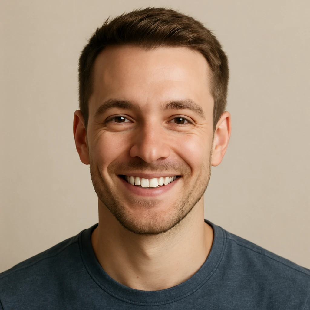 face of a handsome white man, smiling, short hair, simple background emoji