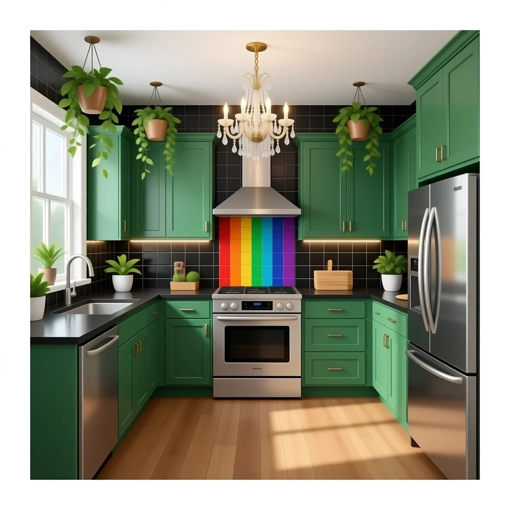fancy kitchen with black and rainbow wall tiles, kelly Green cabinets, black countertops, wood floors and decorative plants on the ceiling emoji
