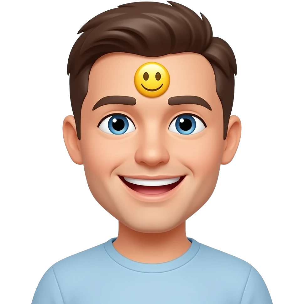 A person laughing with the angle of the emoji taken from their forehead a smiley face emoji