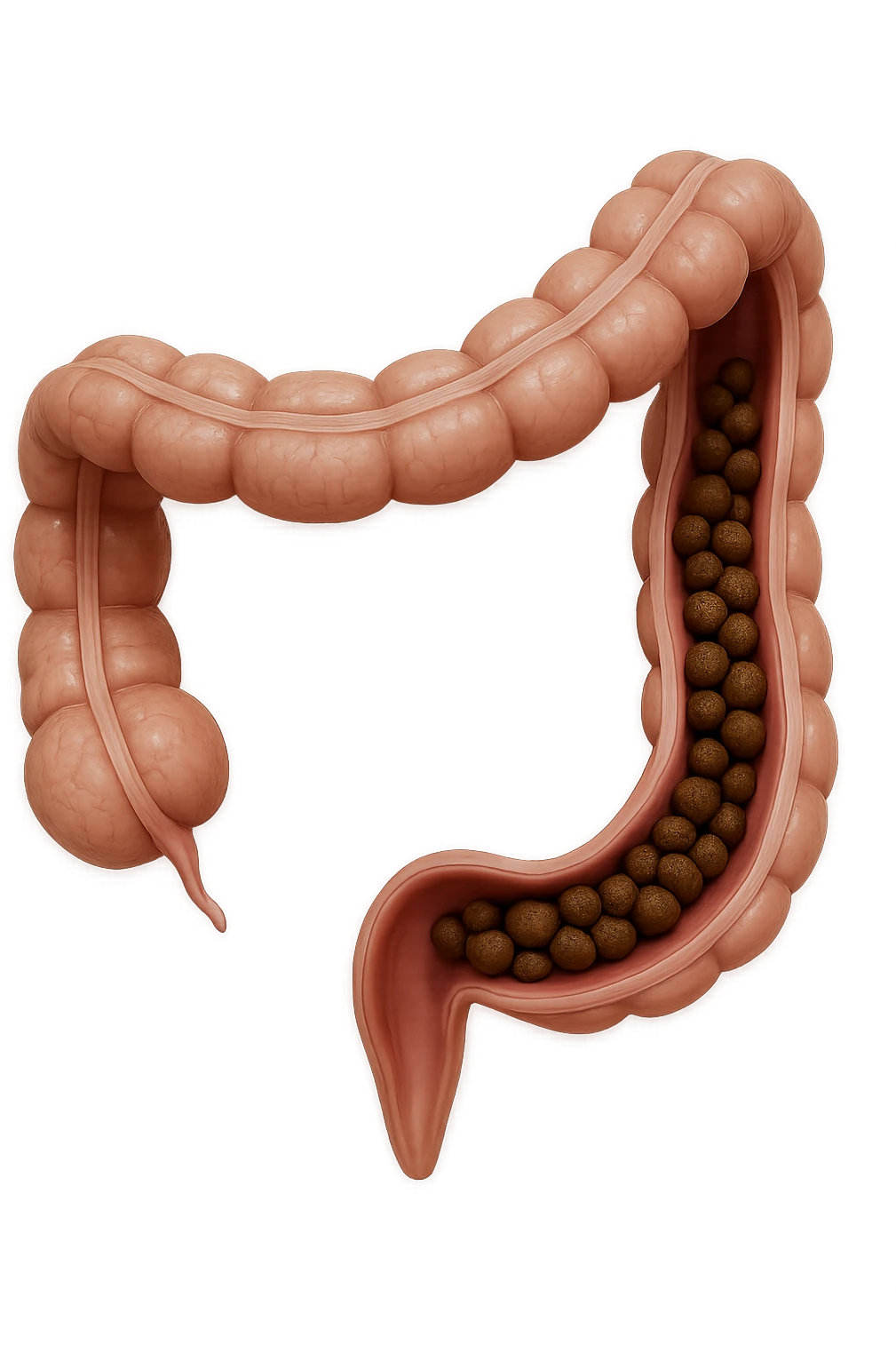 colon umano anatomico con feci a pallini all'interno, stipsi, iperrealistico 4k emoji