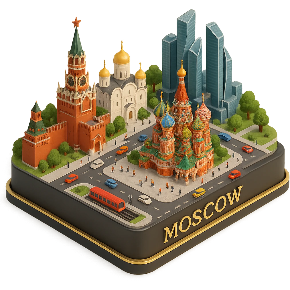 Изометричная миниатюрная 3D модель Москвы на подставке - фотореалистичный Кремль, собор Василия Блаженного, фотореалистичный Башни Москва-Сити, аккуратная детализация, яркие цвета, мультяшный реализм, гуляют люди и современный автотранспорт и метро, компактная композиция, вид сверху в изометрии emoji