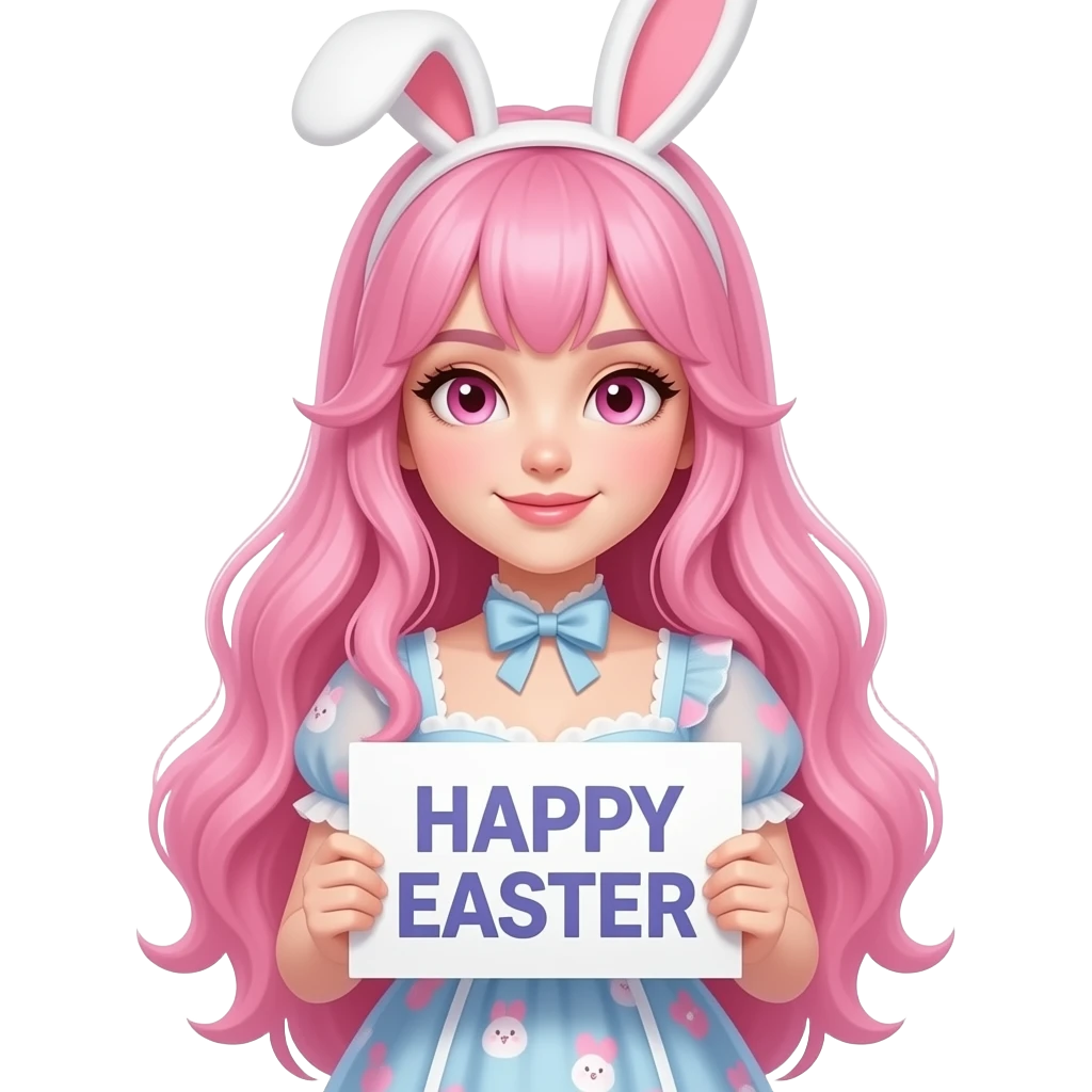 sexy girl with long pink hair and pink eyes wearing easter dress holding a HAPPY EASTER sign emoji
