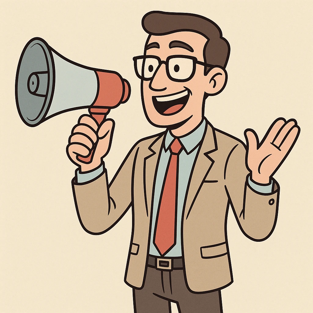 an articulate marketer, professional, expressive, holding a megaphone, business attire, confident, clear communication, modern style emoji