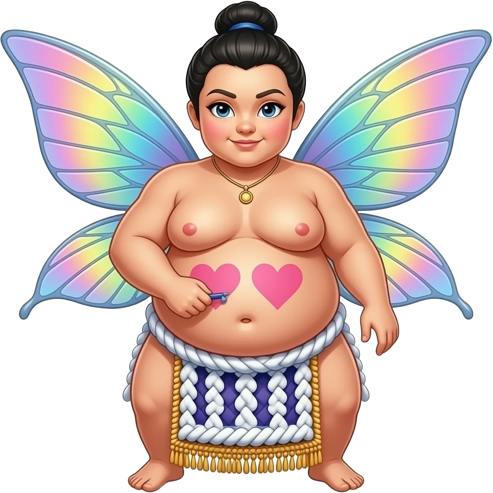 A fairy sumo warrior,with big bloated belly,draws love hearts on her bellybutton. emoji