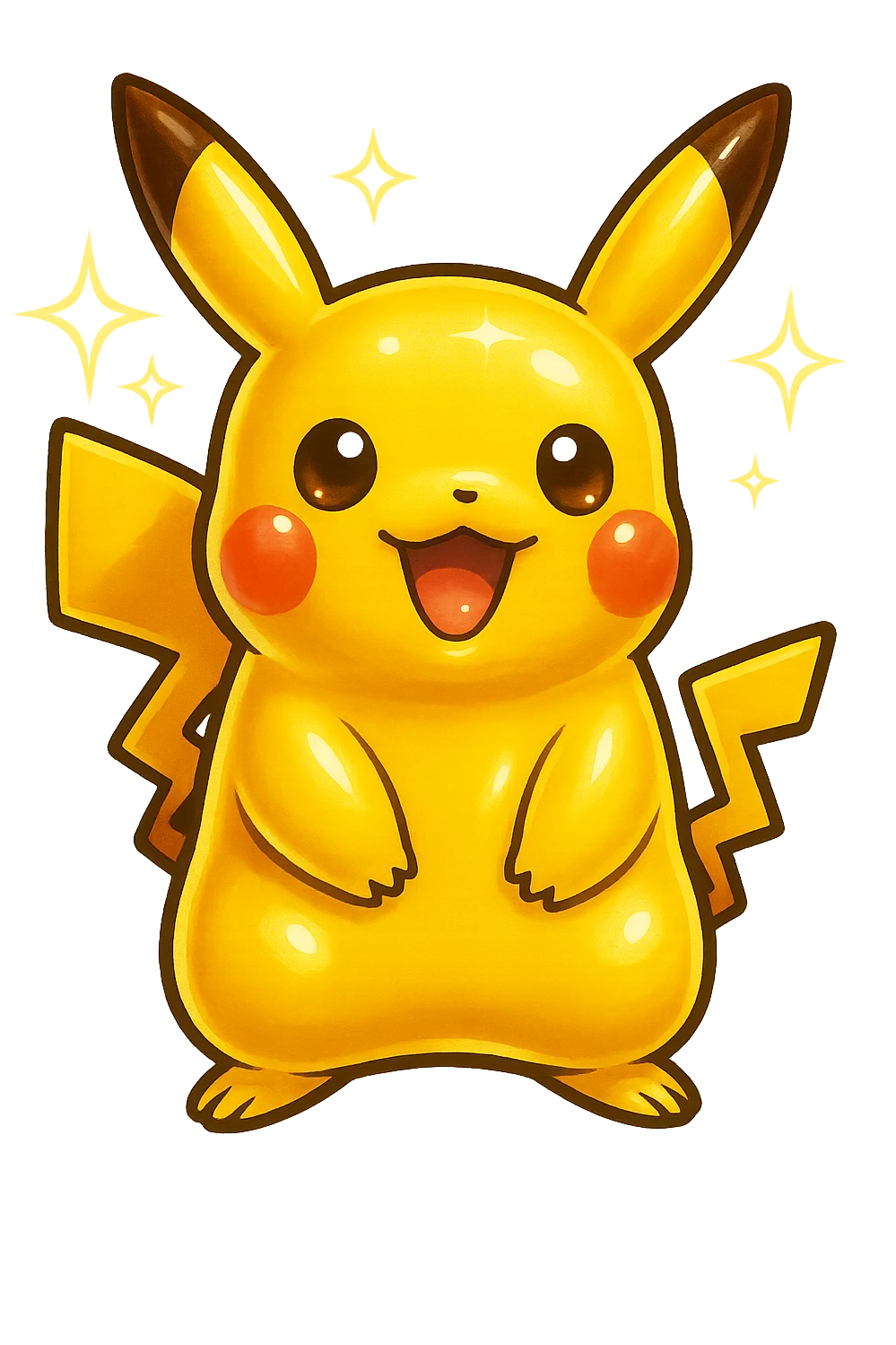 Make this a shiny Pikachu with a lighter yellow color and sparkles, keep the retro stickers style and no background. emoji