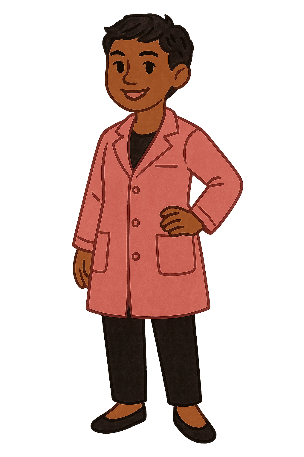 morena woman with short hair, wearing a pink lab coat and black pants, character illustration style emoji