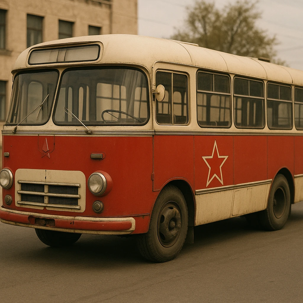 Old Soviet bus, rounded edges, red star emblem, vintage USSR public transport emoji