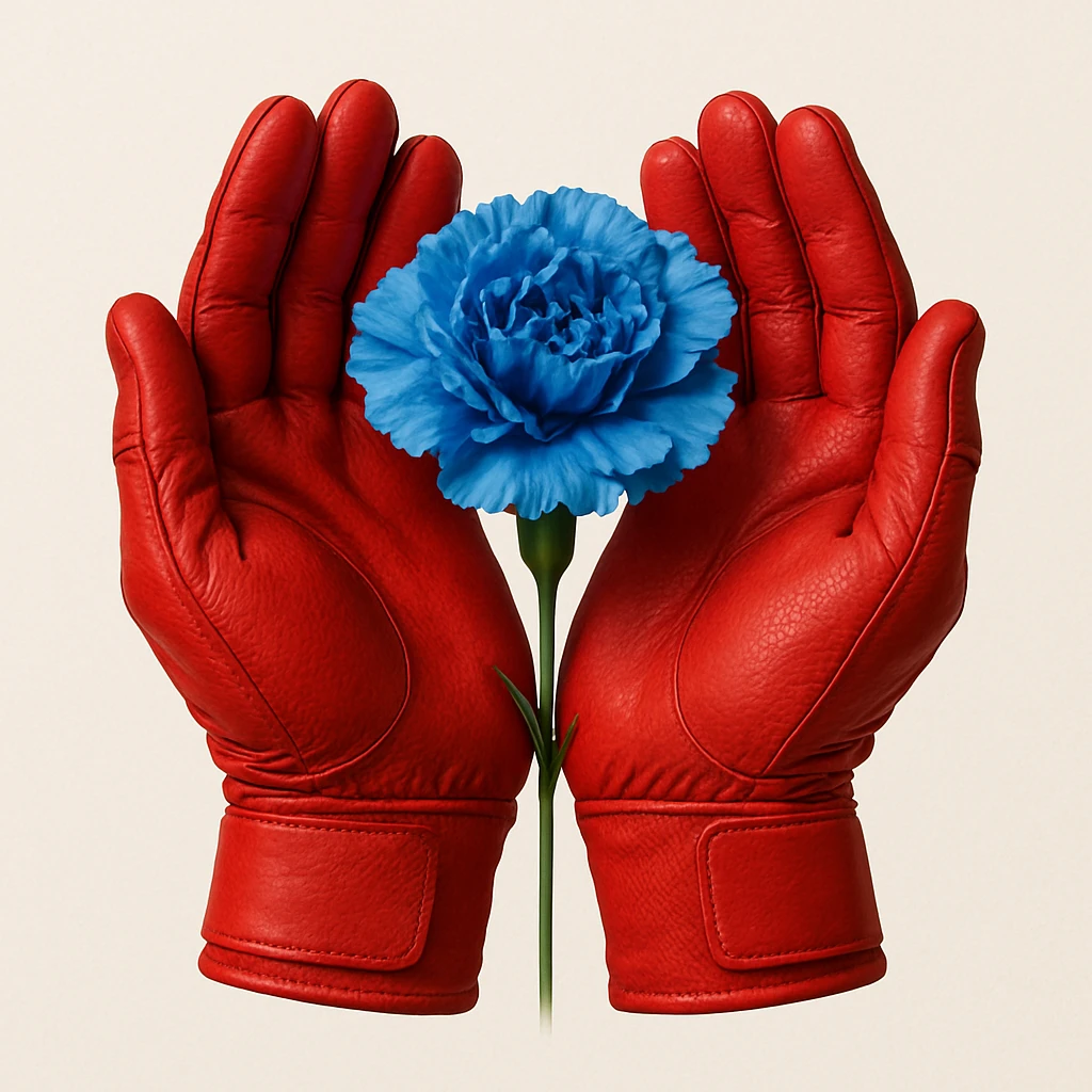 Two red batting gloves, palms facing out and held together, artistically forming a blue carnation flower. emoji