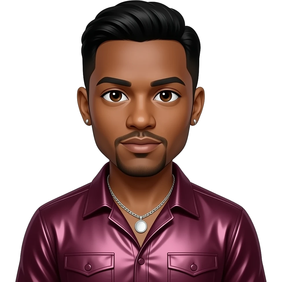 Ray J with dark brown eyes, black hair, burgundy metallic shirt, silver necklace and short earrings emoji