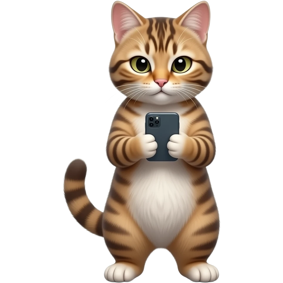 Glossy 3D rendered realistic cat standing upright on two legs, detailed fur and features, front-facing, head tilted down looking at a smartphone, soft shading, white background emoji