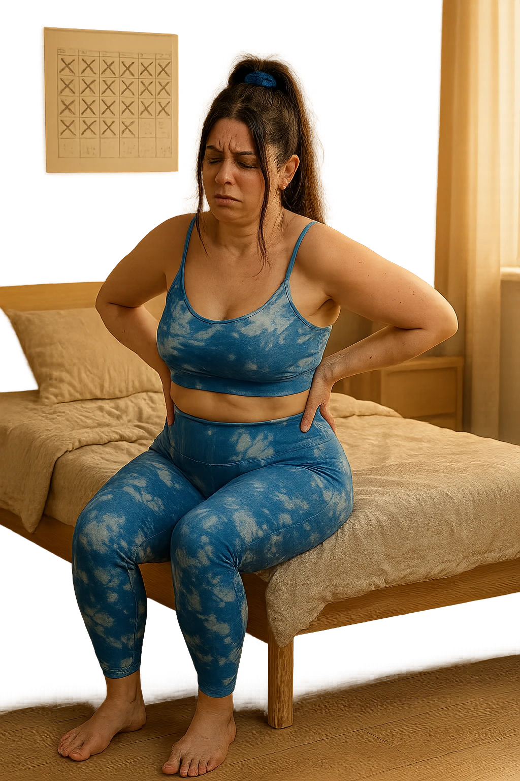 a woman in her 30s sits on the edge of her bed in the morning, holding her lower back with a pained expression. Subtle visual cues, like uneven shoulders or hips, hint at postural asymmetry. The room is softly lit, and a calendar on the wall shows months crossed off, symbolizing chronic pain over the years. emoji