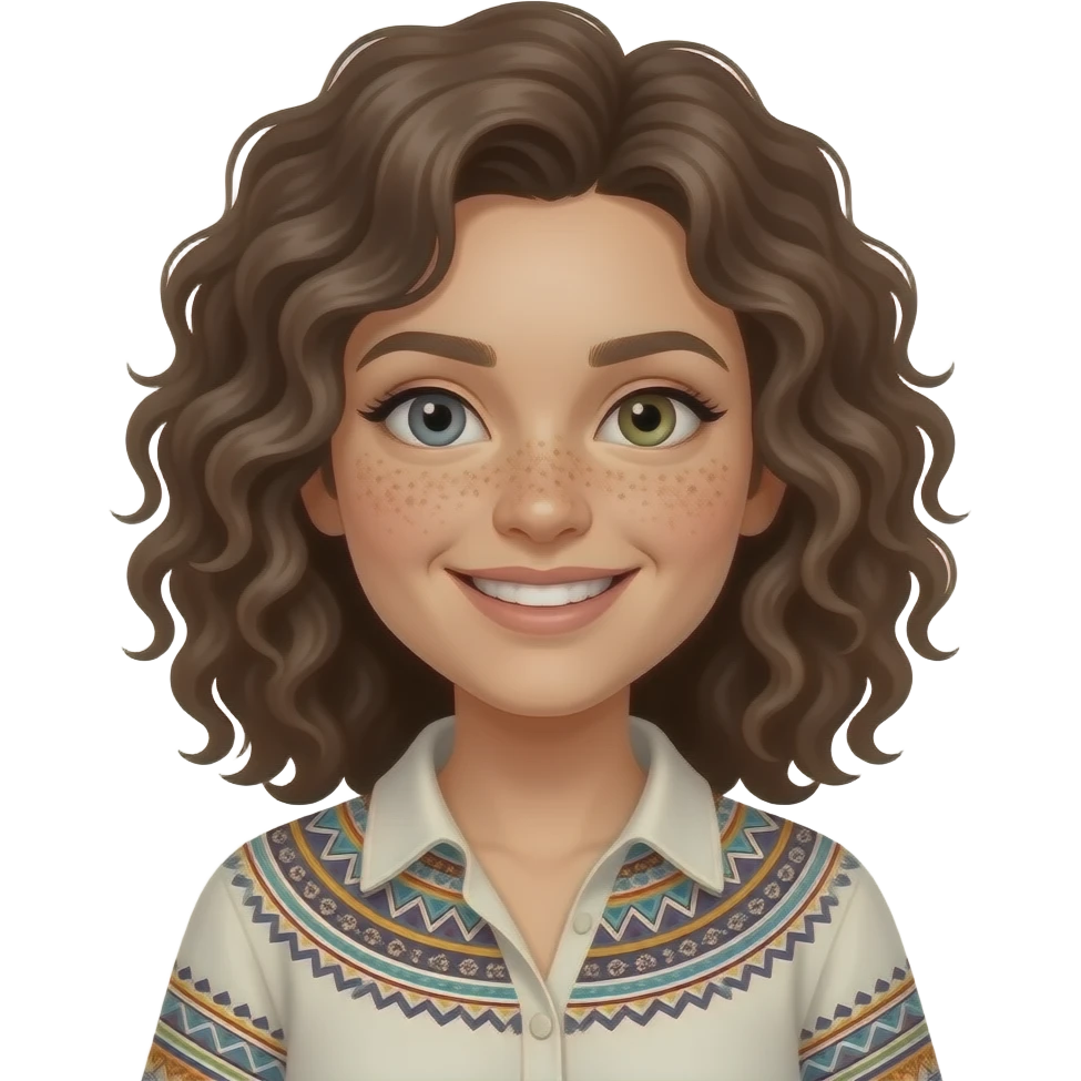 boho shirt shoulder length curly more grey/brown blue/green eyes freckles across nose smiling woman emoji
