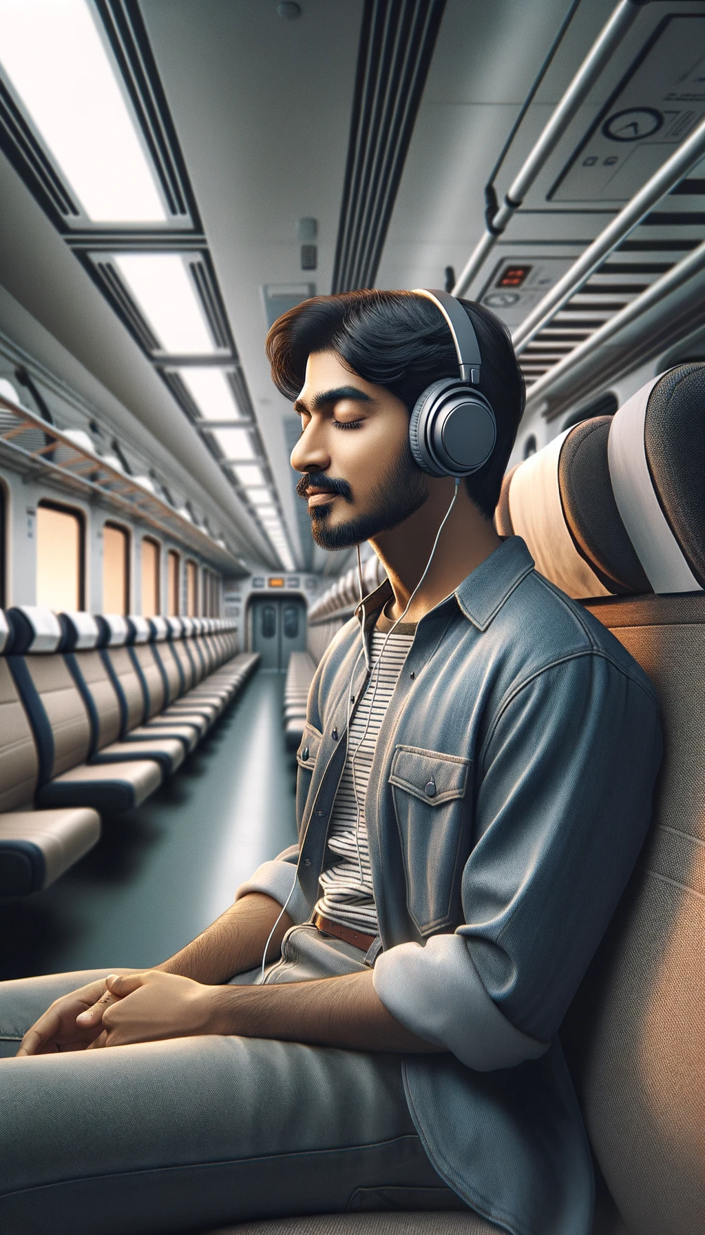 UOMO che ASCOLTA MUSICA CON LE CUFFIETTE NELLE ORECCHIE E GLI OCCHI CHIUSI SEDUTO SUL SEDILE DI UN TRENO, sullo sfondo L'INTERNO DELLA CABINA DI UN TRENO con toni chiari neutri, iperrealistico 4k emoji