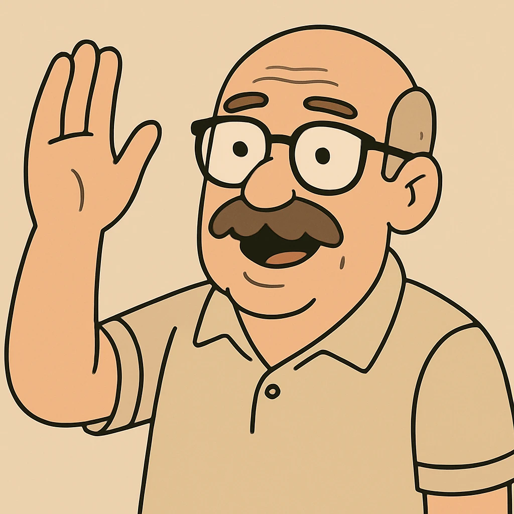 Add glasses to the older bald man with mustache raising his hand, keeping the cartoon style and background as in the reference image. emoji
