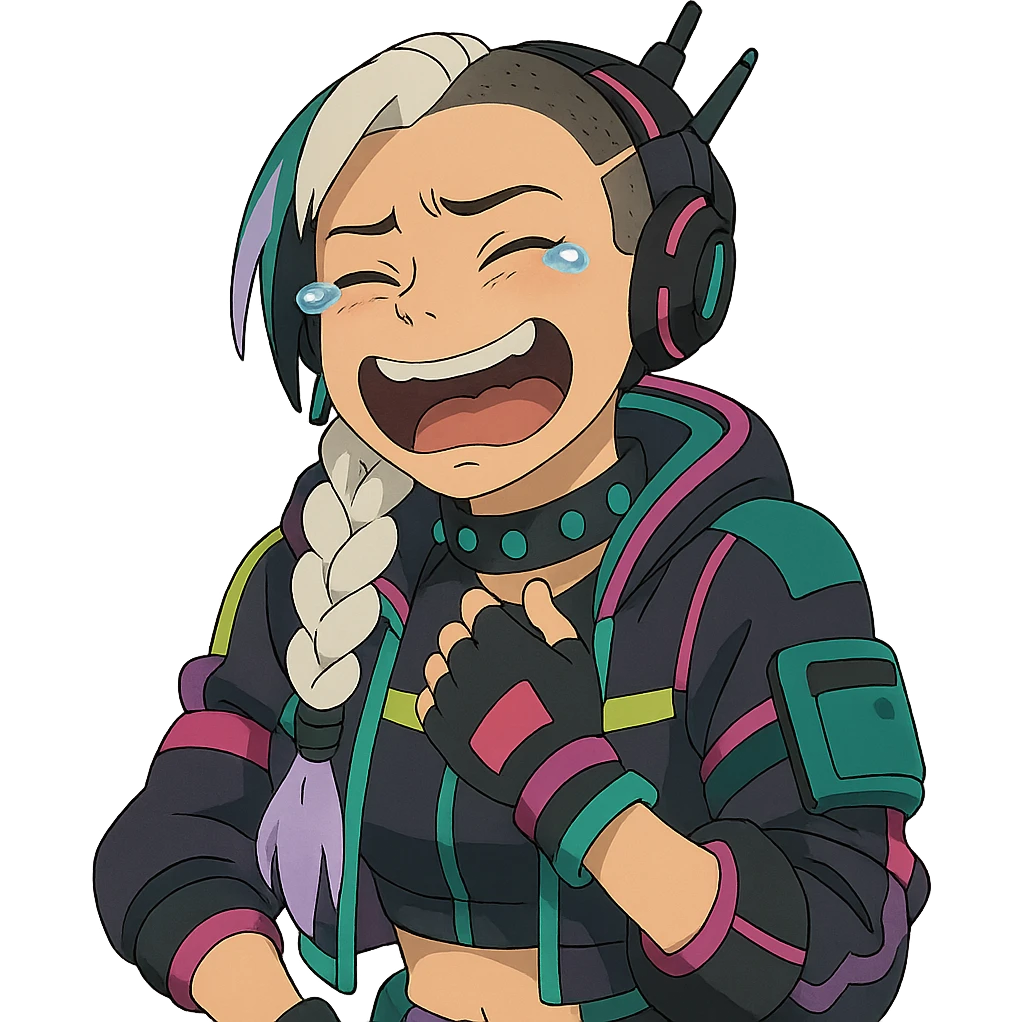 1 female, white braid with lavender tips. Cybergoth futurepunk, crying from laughter, “wheeze emoji” facial expression  emoji