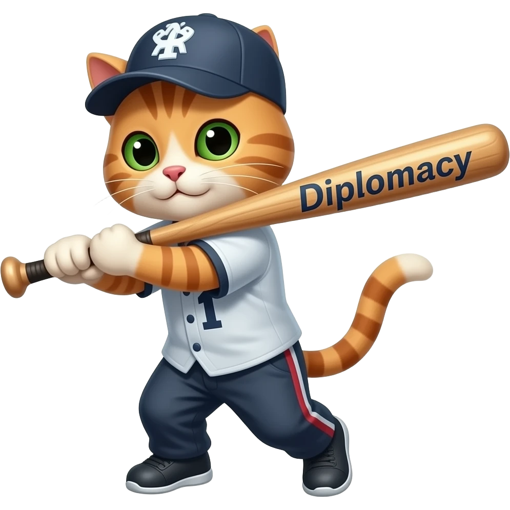 Cat swinging a base ball bat text on bat Diplomacy emoji