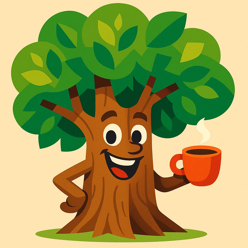 whimsical and friendly tree character holding a coffee cup in its hand, vibrant toon style emoji