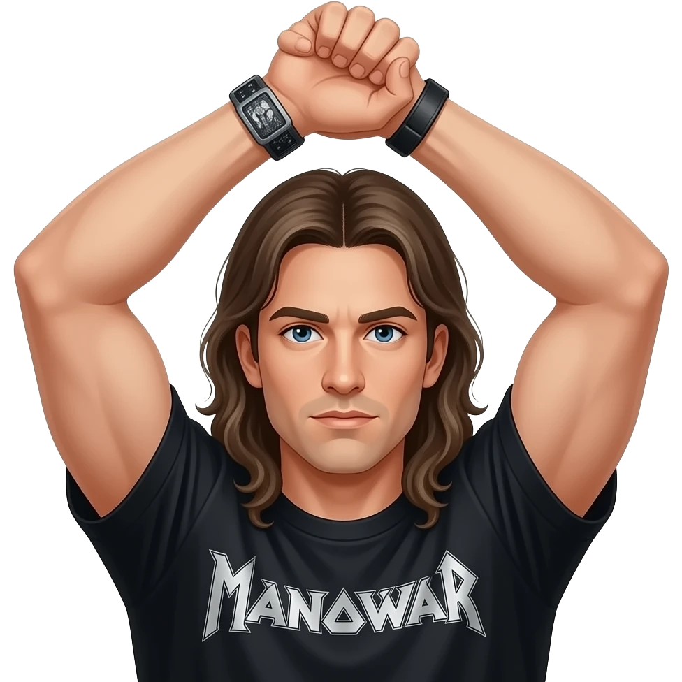 Both arms held over the head. the left hand holds the right wrist and the person should have Long hair and a black Manowar shirt. Not one hand holds the other. Its the wrist emoji
