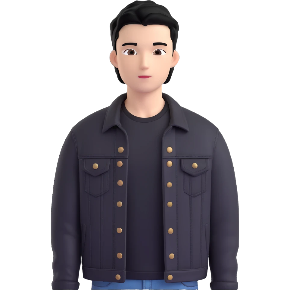 3D emoji Microsoft style, young man with black hair, wearing black t-shirt and black denim jacket, photo reference, slight shadow on face emoji