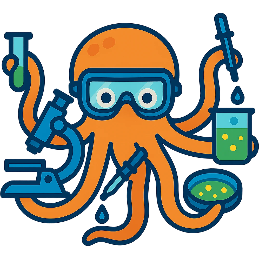 Add lab goggles to the octopus while keeping the science tools in each tentacle. The style should be vibrant and playful with a transparent background. emoji