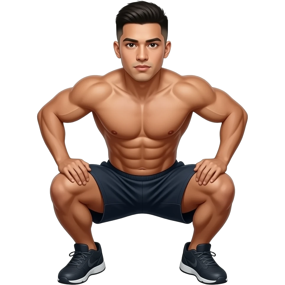 hyper-realistic Latino fitness model with short buzz cut fade Shirtless squatting emoji