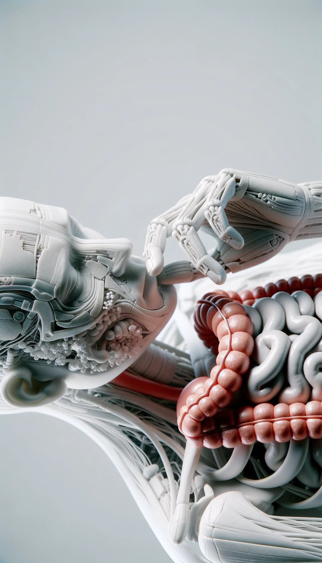 corpo umano anatomico che si tocca l'intestino con gli occhi chiusi, sfondo chiaro, iperrealistica 4k emoji