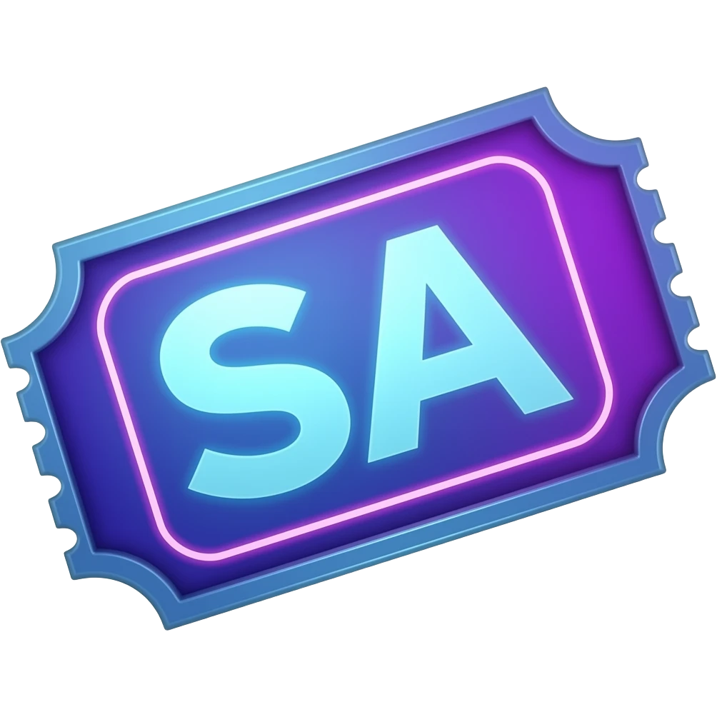 Neon blue and purple ticket with SA letters emoji