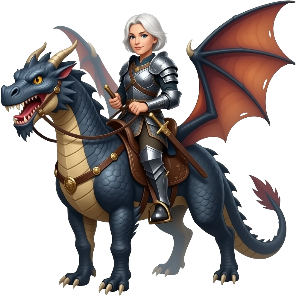 Short white hair older woman warrior riding dragon emoji